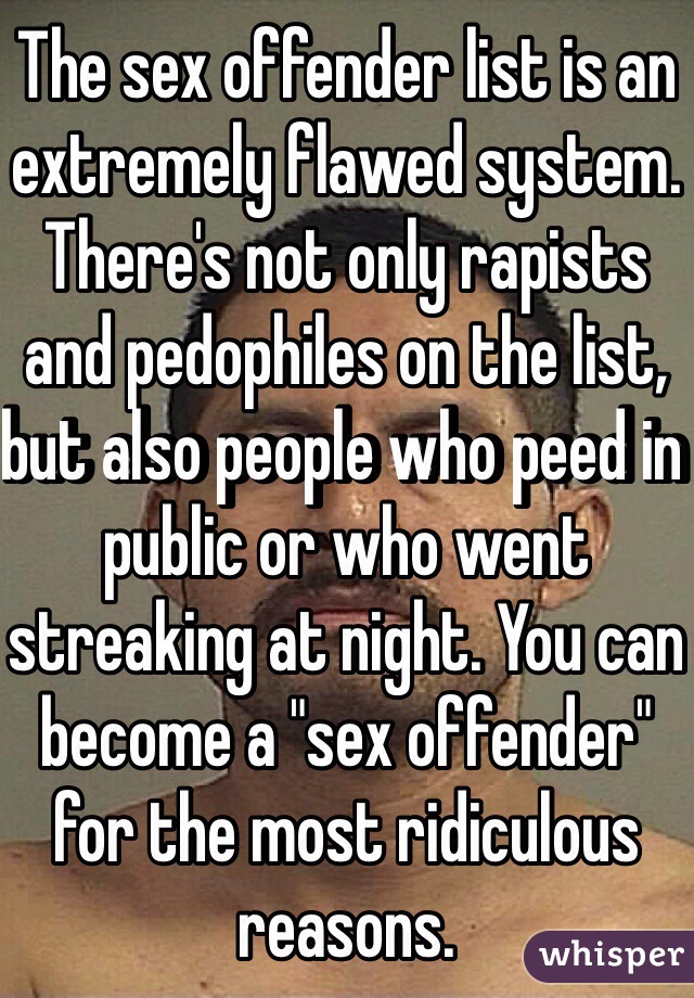 The sex offender list is an extremely flawed system. There's not only rapists and pedophiles on the list, but also people who peed in public or who went streaking at night. You can become a "sex offender" for the most ridiculous reasons. 