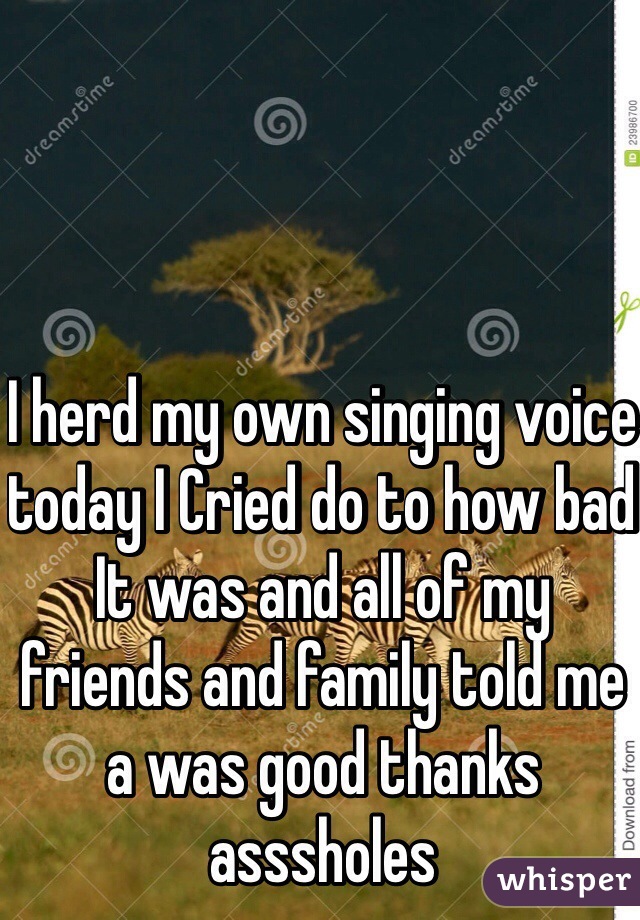 I herd my own singing voice today I Cried do to how bad  It was and all of my friends and family told me a was good thanks asssholes 