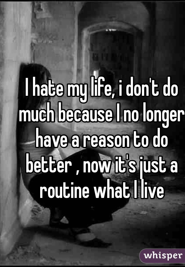 I hate my life, i don't do much because I no longer have a reason to do better , now it's just a routine what I live