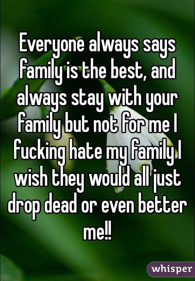 Everyone always says family is the best, and always stay with your family but not for me I fucking hate my family I wish they would all just drop dead or even better me!!