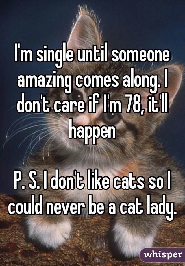 I'm single until someone amazing comes along. I don't care if I'm 78, it'll happen 

P. S. I don't like cats so I could never be a cat lady. 