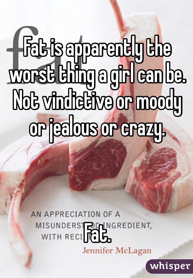Fat is apparently the worst thing a girl can be. 
Not vindictive or moody or jealous or crazy. 



Fat. 