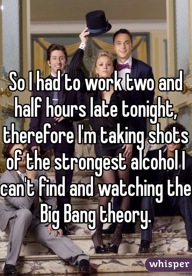 So I had to work two and half hours late tonight, therefore I'm taking shots of the strongest alcohol I can't find and watching the Big Bang theory. 