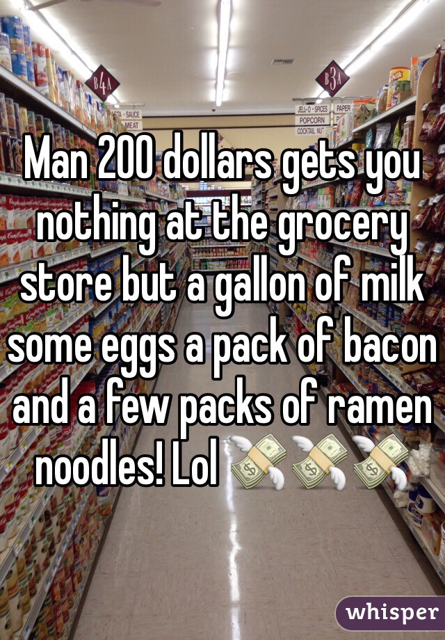 Man 200 dollars gets you nothing at the grocery store but a gallon of milk some eggs a pack of bacon and a few packs of ramen noodles! Lol 💸💸💸