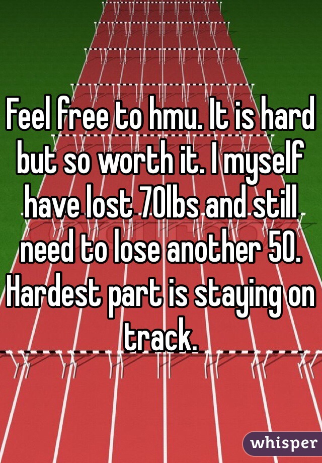 Feel free to hmu. It is hard but so worth it. I myself have lost 70lbs and still need to lose another 50. Hardest part is staying on track. 