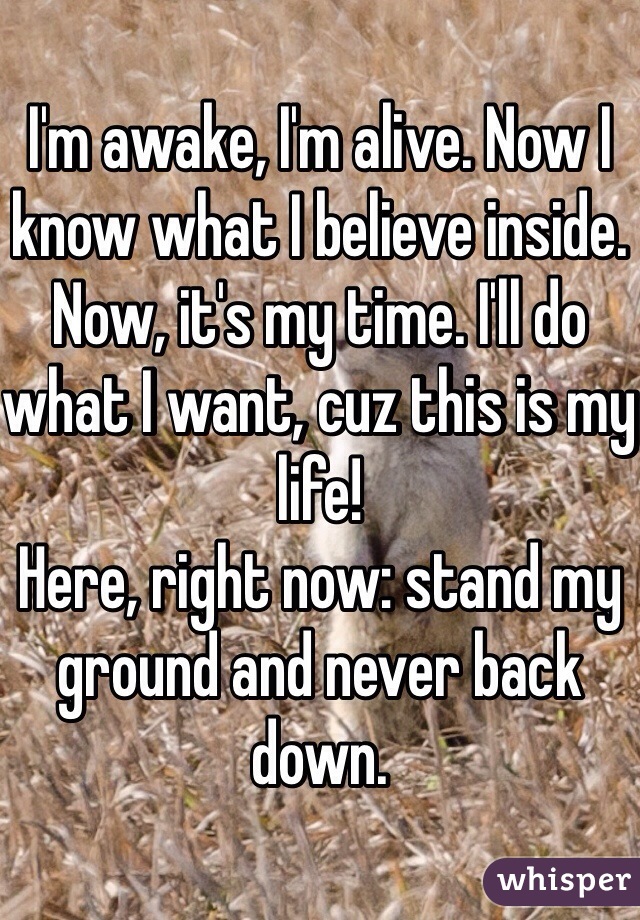 I'm awake, I'm alive. Now I know what I believe inside. Now, it's my time. I'll do what I want, cuz this is my life! 
Here, right now: stand my ground and never back down. 