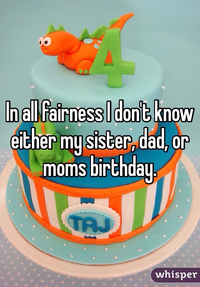 In all fairness I don't know either my sister, dad, or moms birthday. 