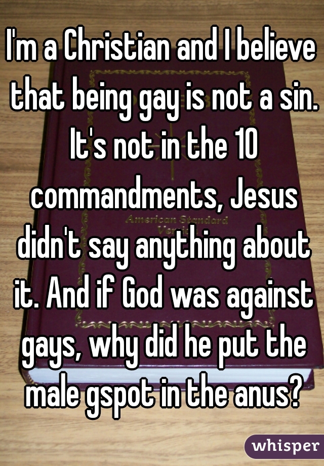 I'm a Christian and I believe that being gay is not a sin. It's not in the 10 commandments, Jesus didn't say anything about it. And if God was against gays, why did he put the male gspot in the anus?