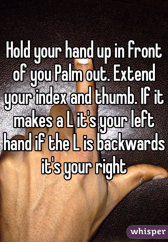 Hold your hand up in front of you Palm out. Extend your index and thumb. If it makes a L it's your left hand if the L is backwards it's your right