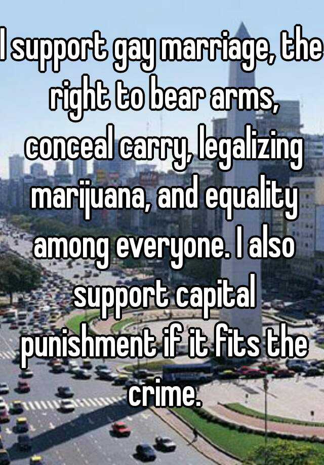 I support gay marriage, the right to bear arms, conceal carry, legalizing marijuana, and equality among everyone. I also support capital punishment if it fits the crime.