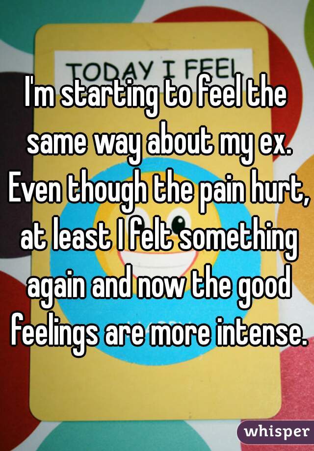 I'm starting to feel the same way about my ex. Even though the pain hurt, at least I felt something again and now the good feelings are more intense.