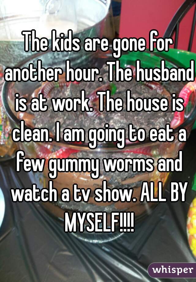 The kids are gone for another hour. The husband is at work. The house is clean. I am going to eat a few gummy worms and watch a tv show. ALL BY MYSELF!!!!