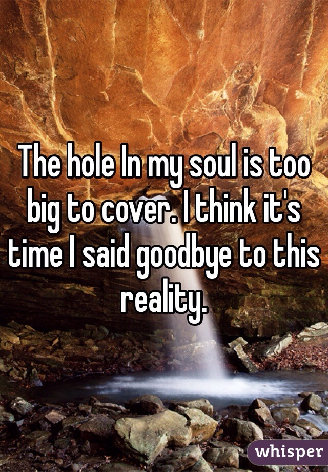 The hole In my soul is too big to cover. I think it's time I said goodbye to this reality. 