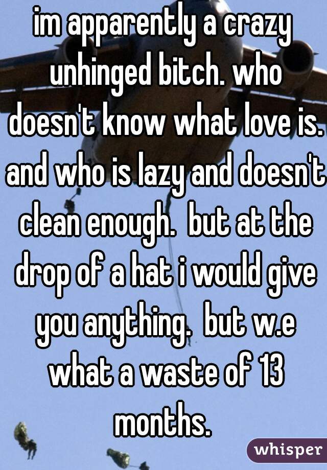 im apparently a crazy unhinged bitch. who doesn't know what love is. and who is lazy and doesn't clean enough.  but at the drop of a hat i would give you anything.  but w.e what a waste of 13 months. 