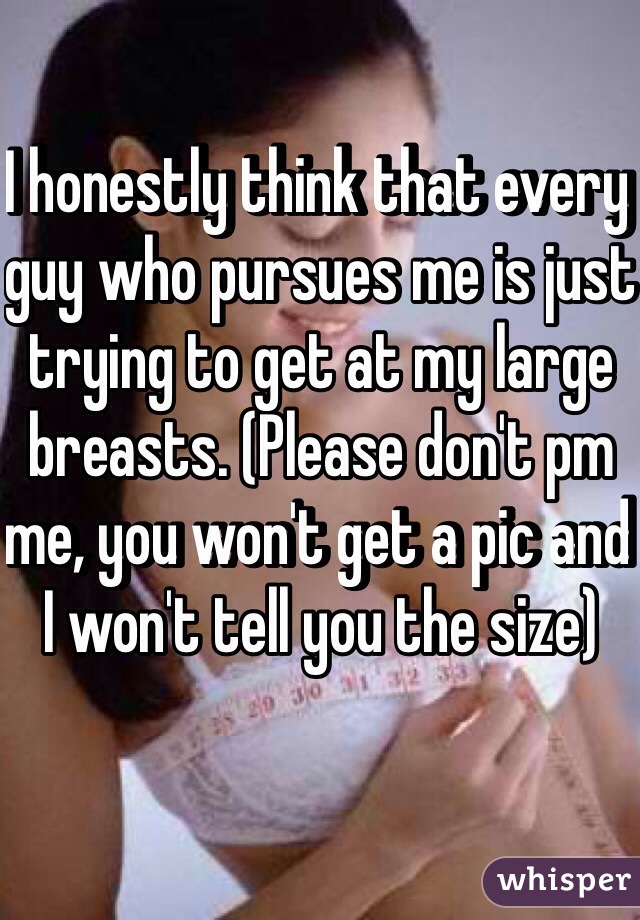 I honestly think that every guy who pursues me is just trying to get at my large breasts. (Please don't pm me, you won't get a pic and I won't tell you the size)