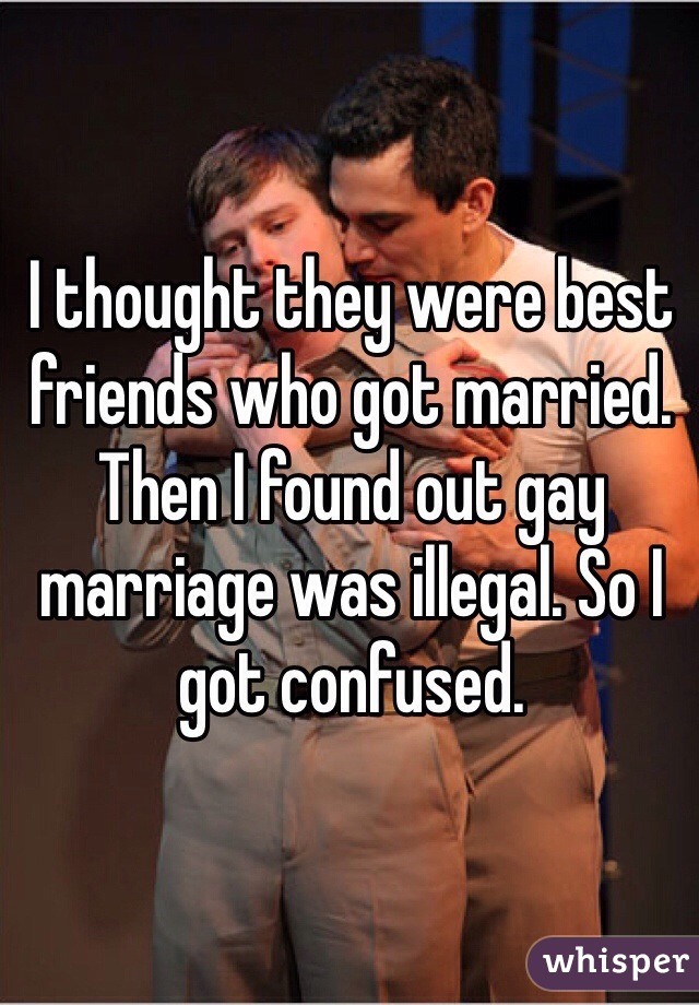 I thought they were best friends who got married. Then I found out gay marriage was illegal. So I got confused.