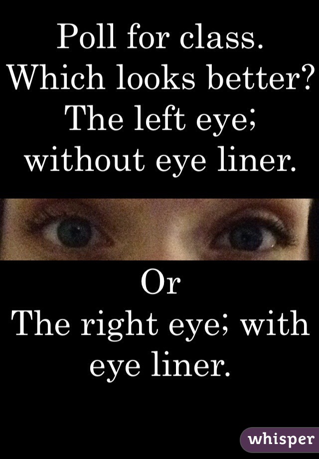 Poll for class. 
Which looks better?
The left eye; without eye liner. 


Or
The right eye; with eye liner. 