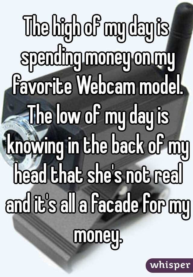 The high of my day is spending money on my favorite Webcam model. The low of my day is knowing in the back of my head that she's not real and it's all a facade for my money.