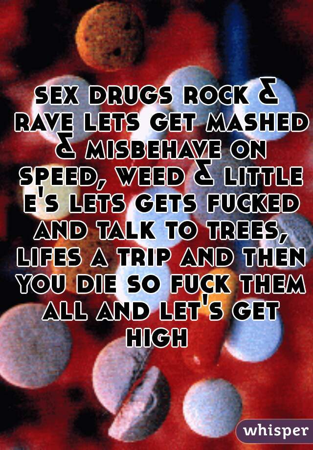 sex drugs rock & rave lets get mashed & misbehave on speed, weed & little e's lets gets fucked and talk to trees, lifes a trip and then you die so fuck them all and let's get high 