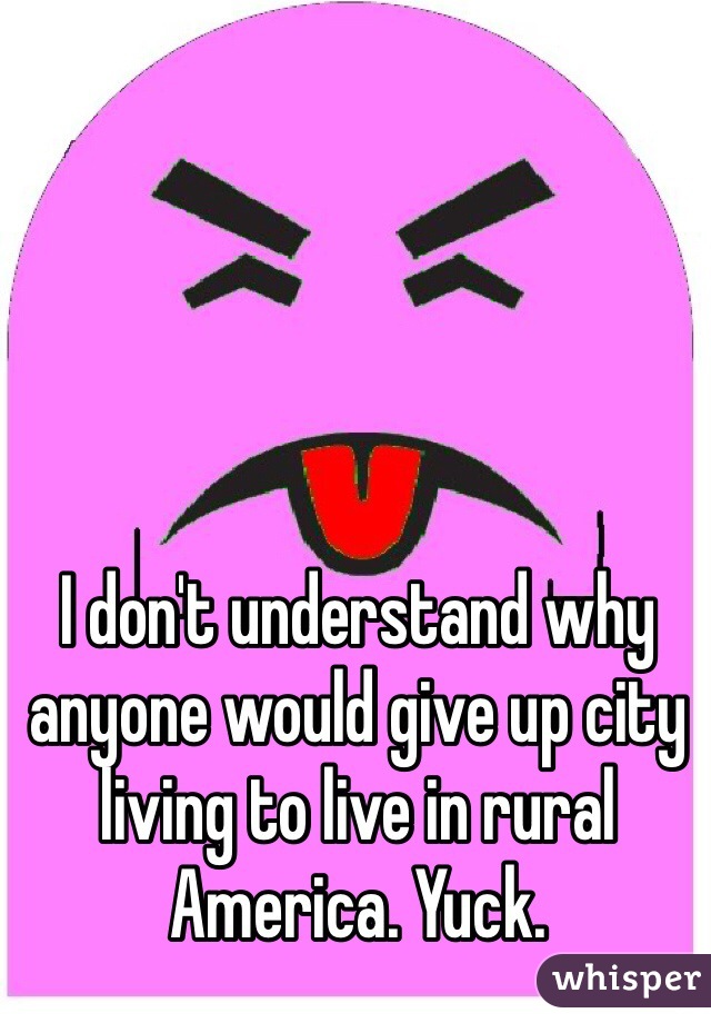 I don't understand why anyone would give up city living to live in rural America. Yuck. 