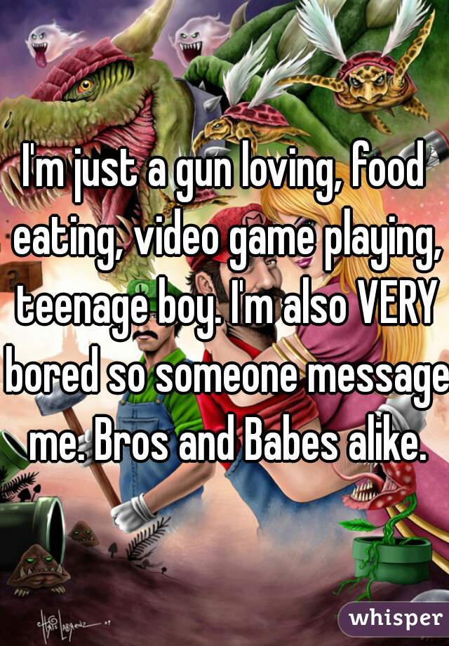 I'm just a gun loving, food eating, video game playing, teenage boy. I'm also VERY bored so someone message me. Bros and Babes alike.
