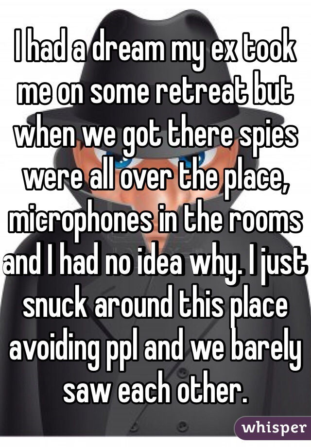 I had a dream my ex took me on some retreat but when we got there spies were all over the place, microphones in the rooms and I had no idea why. I just snuck around this place avoiding ppl and we barely saw each other.