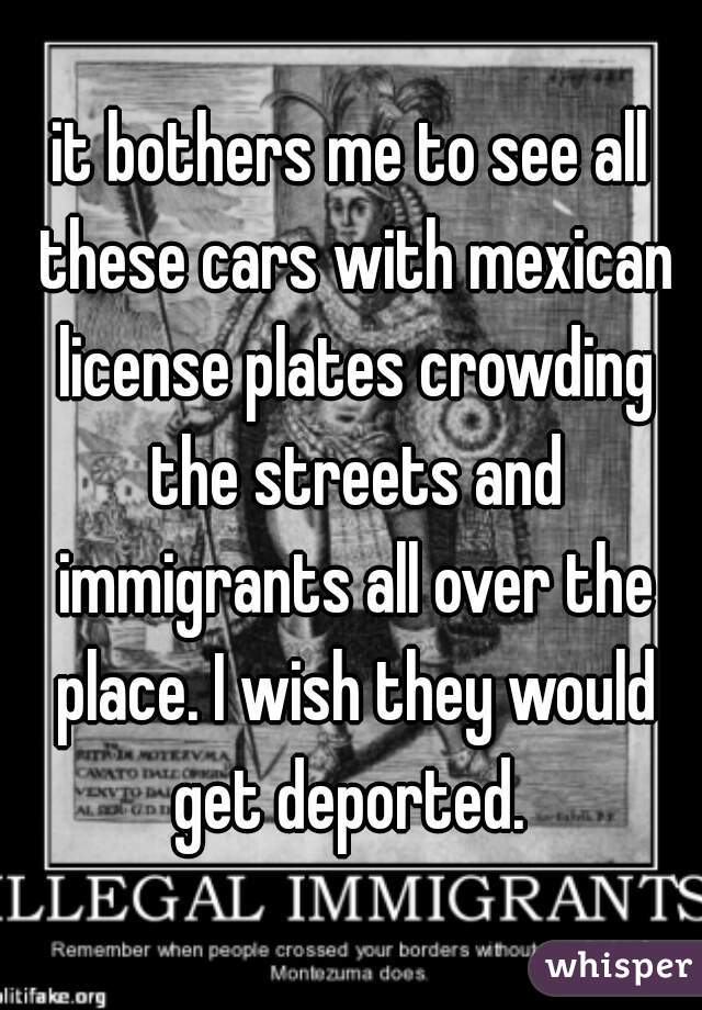 it bothers me to see all these cars with mexican license plates crowding the streets and immigrants all over the place. I wish they would get deported. 