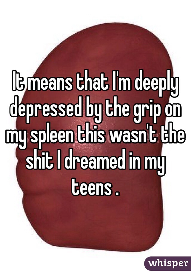 It means that I'm deeply depressed by the grip on my spleen this wasn't the shit I dreamed in my teens .