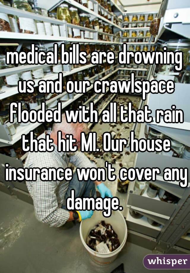 medical bills are drowning us and our crawlspace flooded with all that rain that hit MI. Our house insurance won't cover any damage. 