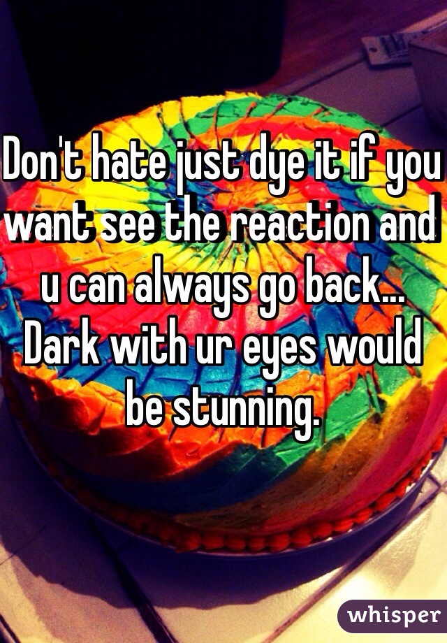 Don't hate just dye it if you want see the reaction and u can always go back...
Dark with ur eyes would be stunning.