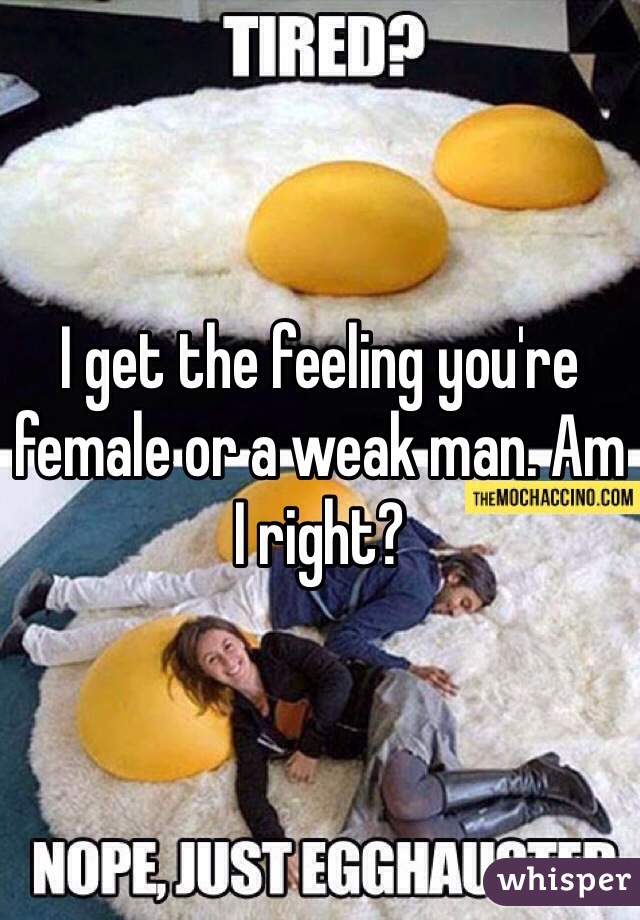 I get the feeling you're female or a weak man. Am I right? 