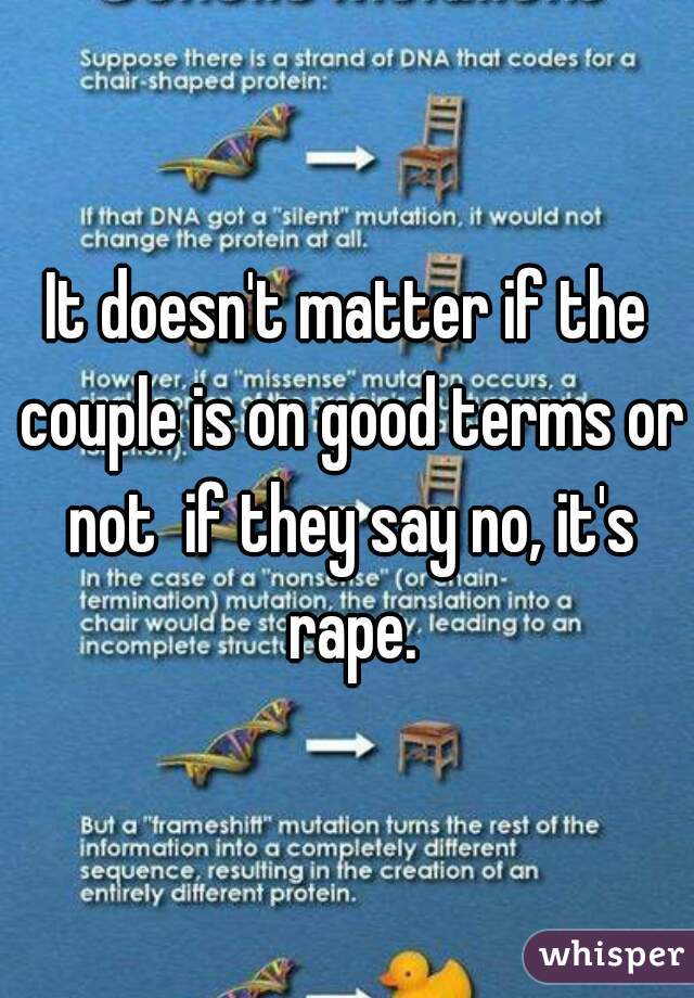 It doesn't matter if the couple is on good terms or not  if they say no, it's rape.