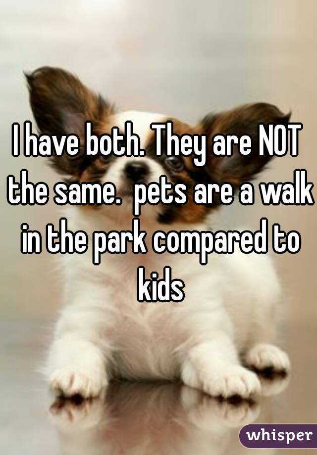 I have both. They are NOT the same.  pets are a walk in the park compared to kids