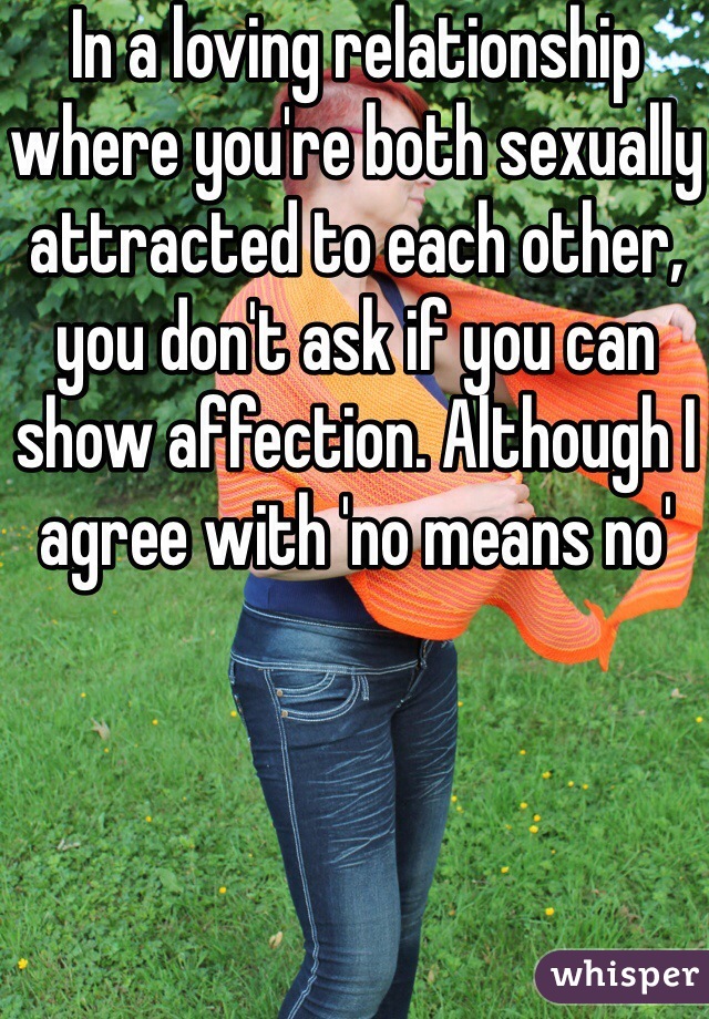 In a loving relationship where you're both sexually attracted to each other, you don't ask if you can show affection. Although I agree with 'no means no'