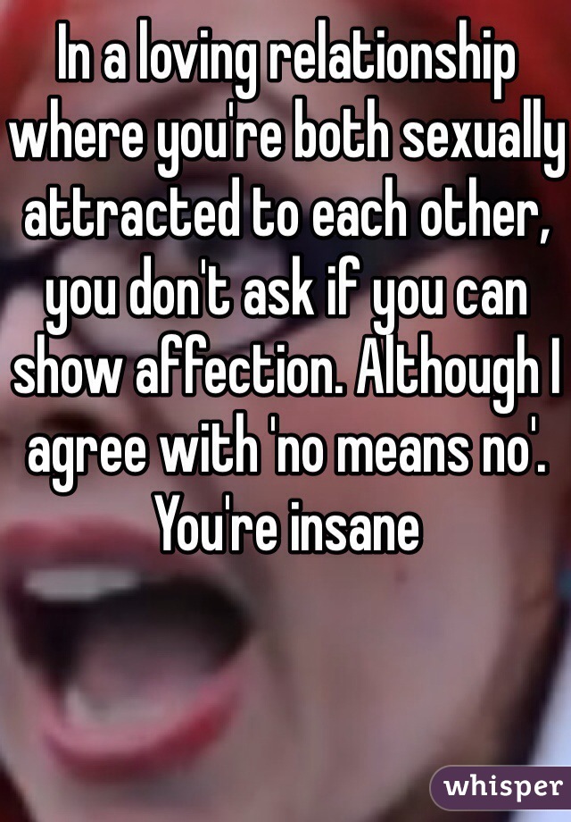 In a loving relationship where you're both sexually attracted to each other, you don't ask if you can show affection. Although I agree with 'no means no'. You're insane