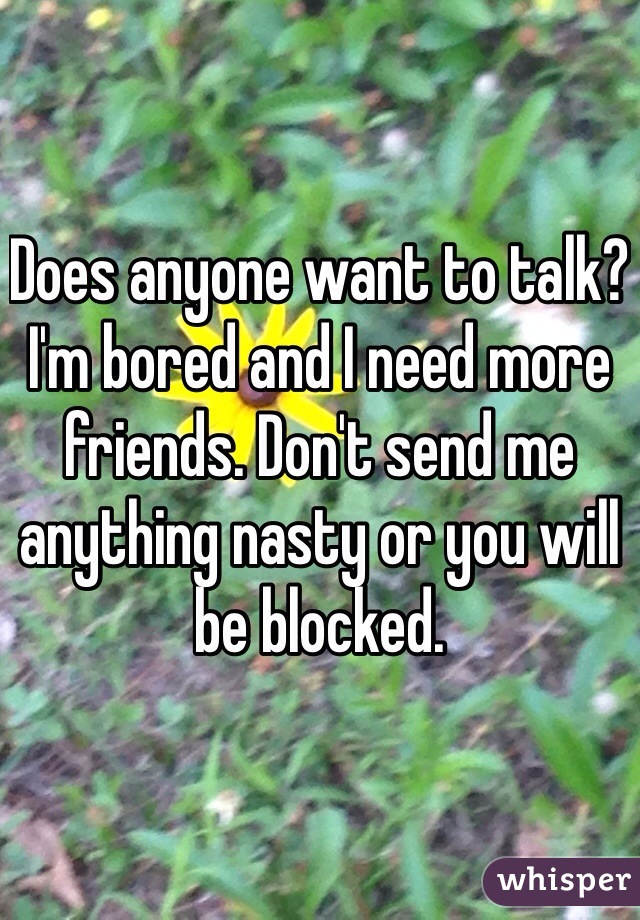 Does anyone want to talk? I'm bored and I need more friends. Don't send me anything nasty or you will be blocked. 