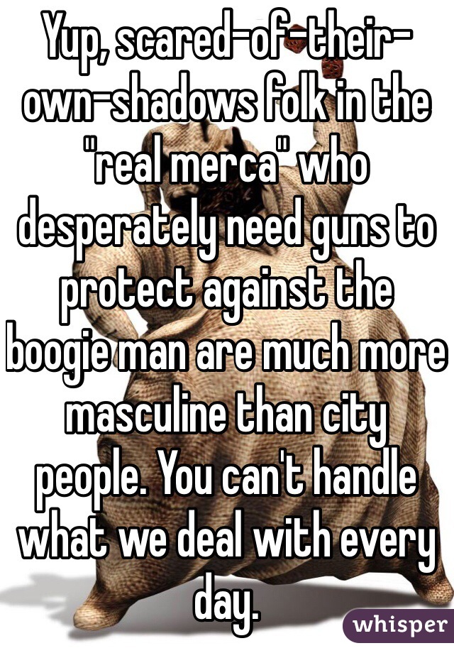 Yup, scared-of-their-own-shadows folk in the "real merca" who desperately need guns to protect against the boogie man are much more masculine than city people. You can't handle what we deal with every day.