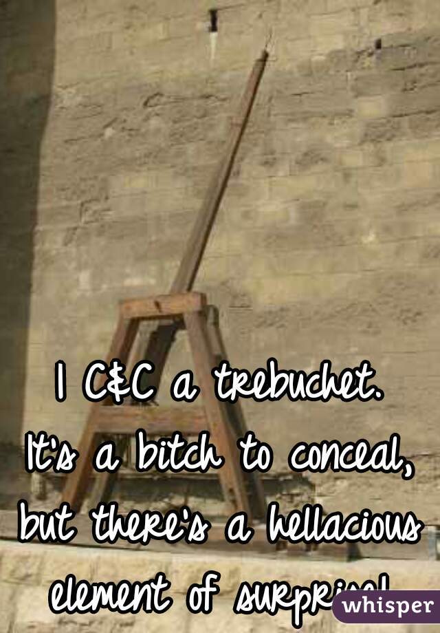 I C&C a trebuchet.
It's a bitch to conceal,
but there's a hellacious
element of surprise!