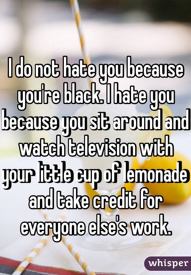 I do not hate you because you're black. I hate you because you sit around and watch television with your little cup of lemonade and take credit for everyone else's work.