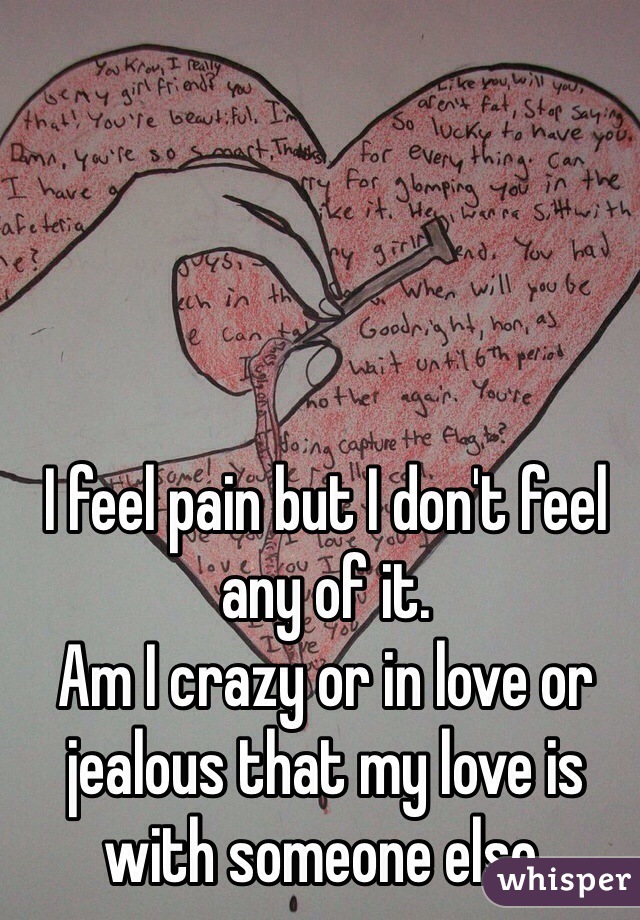 I feel pain but I don't feel any of it.
Am I crazy or in love or jealous that my love is with someone else.