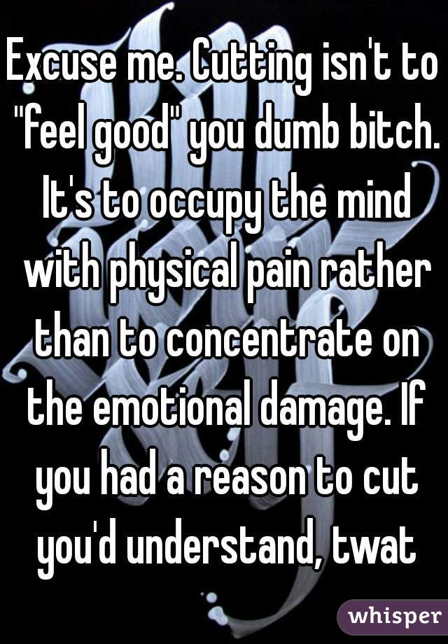 Excuse me. Cutting isn't to "feel good" you dumb bitch. It's to occupy the mind with physical pain rather than to concentrate on the emotional damage. If you had a reason to cut you'd understand, twat