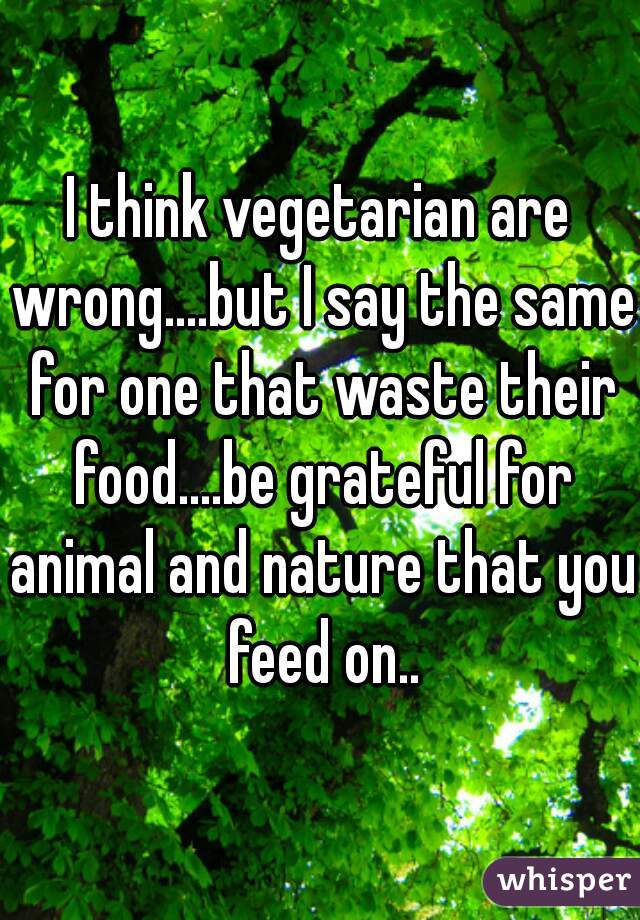 I think vegetarian are wrong....but I say the same for one that waste their food....be grateful for animal and nature that you feed on..