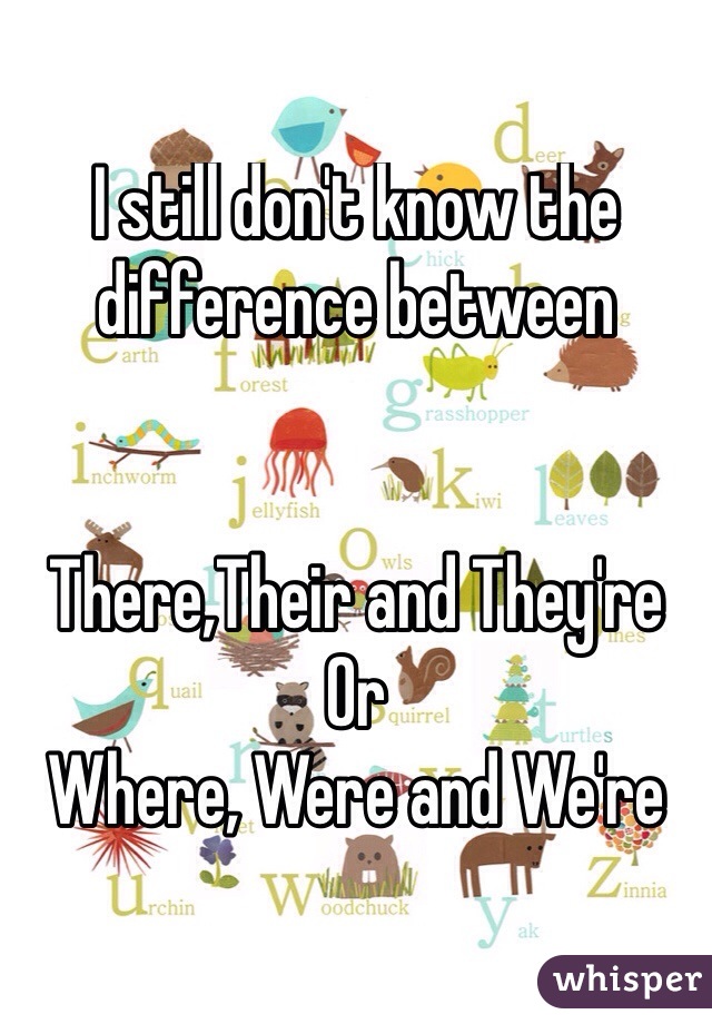 I still don't know the difference between 


There,Their and They're 
Or
Where, Were and We're  
