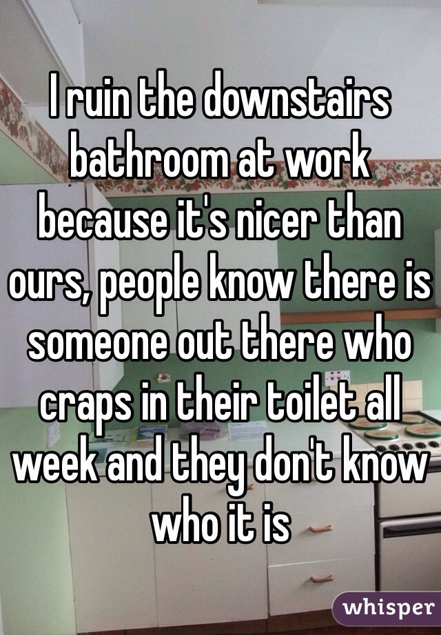 I ruin the downstairs bathroom at work because it's nicer than ours, people know there is someone out there who craps in their toilet all week and they don't know who it is