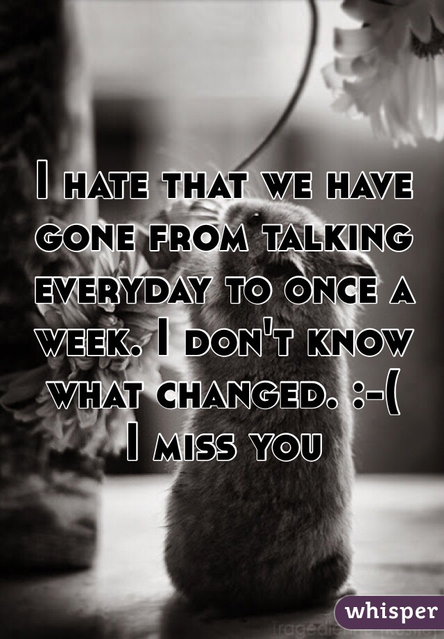 I hate that we have gone from talking everyday to once a week. I don't know what changed. :-( 
I miss you 