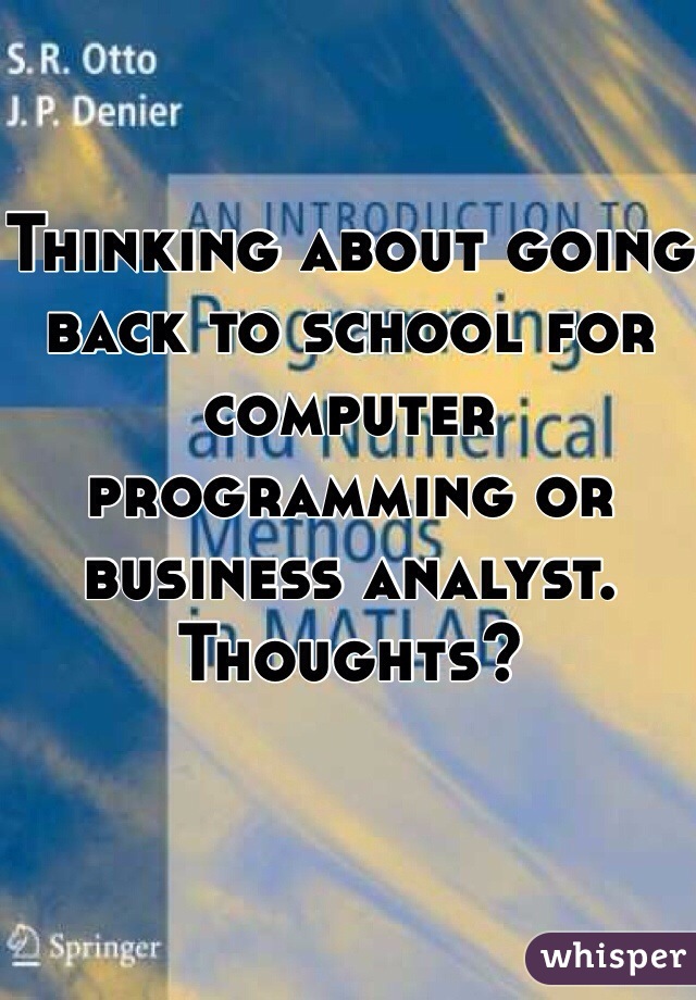 Thinking about going back to school for computer programming or business analyst. Thoughts?
