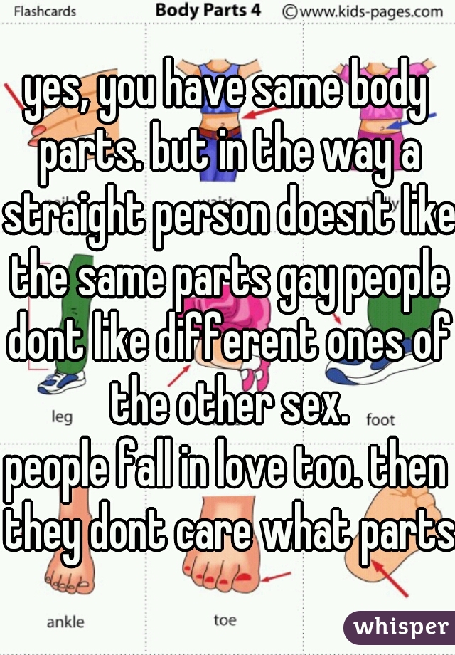 yes, you have same body parts. but in the way a straight person doesnt like the same parts gay people dont like different ones of the other sex.
people fall in love too. then they dont care what parts