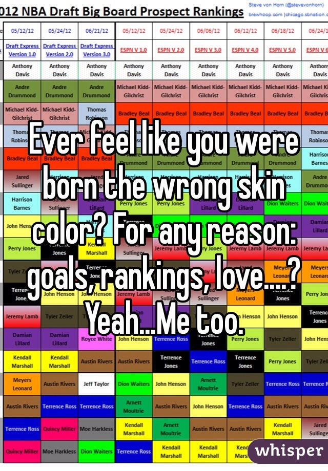 Ever feel like you were born the wrong skin color? For any reason: goals, rankings, love....? Yeah...Me too.