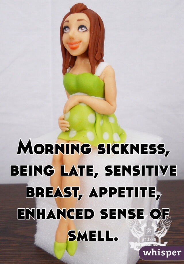 Morning sickness, being late, sensitive breast, appetite, enhanced sense of smell.