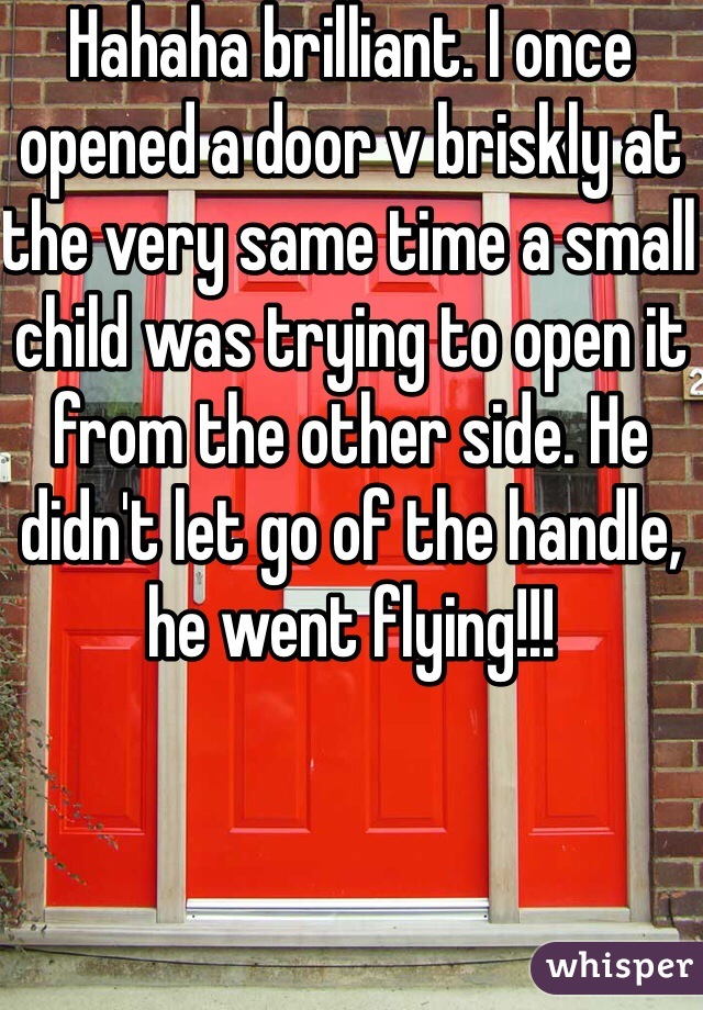 Hahaha brilliant. I once opened a door v briskly at the very same time a small child was trying to open it from the other side. He didn't let go of the handle, he went flying!!!
